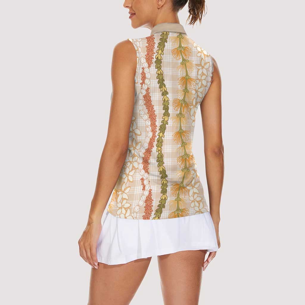 Hawaiian Ohia Lehua Lei Women Sleeveless Polo Shirt Plaid Palaka Ahiehie Pattern LT9 - Polynesian Pride