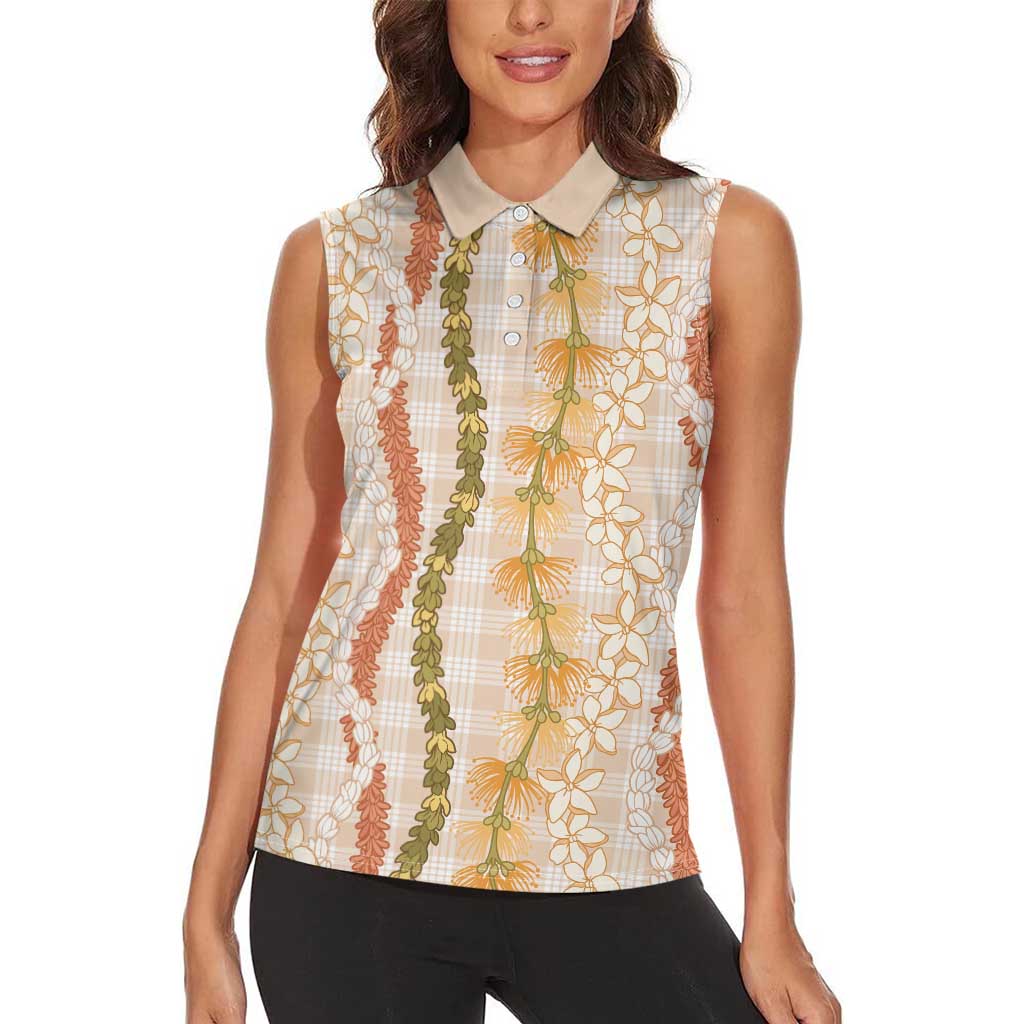 Hawaiian Ohia Lehua Lei Women Sleeveless Polo Shirt Plaid Palaka Ahiehie Pattern LT9 - Polynesian Pride