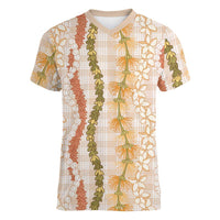 Hawaiian Ohia Lehua Lei Women V-Neck T-Shirt Plaid Palaka Ahiehie Pattern LT9 Female Beige - Polynesian Pride