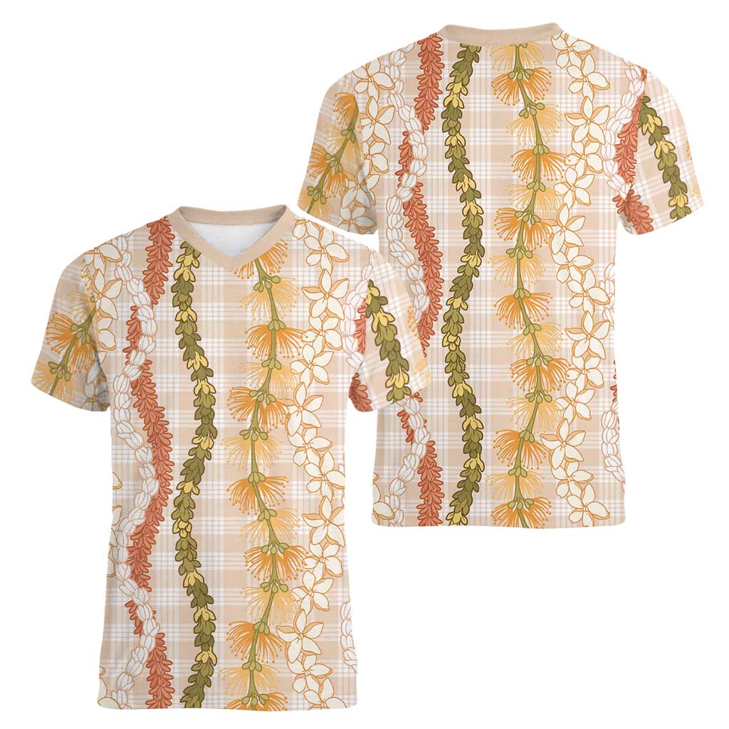 Hawaiian Ohia Lehua Lei Women V-Neck T-Shirt Plaid Palaka Ahiehie Pattern LT9 - Polynesian Pride