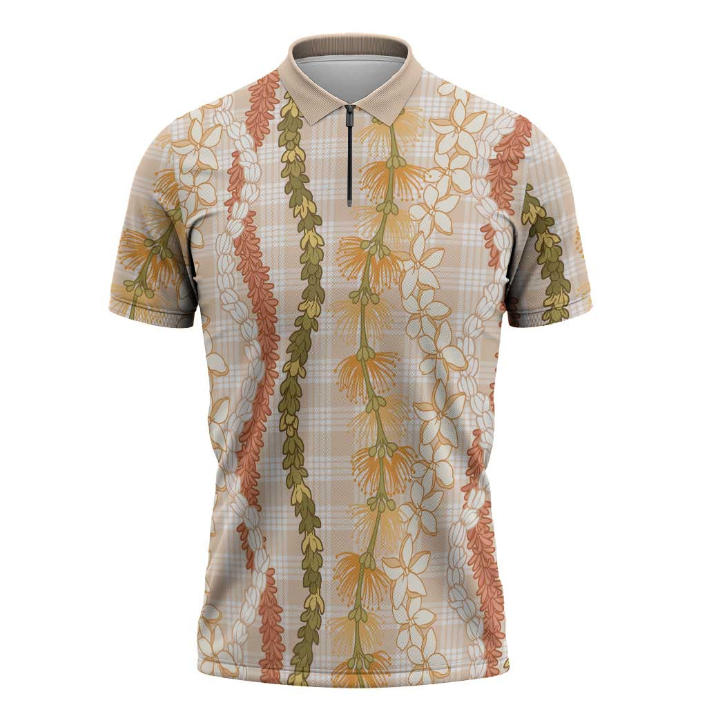 Hawaiian Ohia Lehua Lei Zipper Polo Shirt Plaid Palaka Ahiehie Pattern - Polynesian Pride