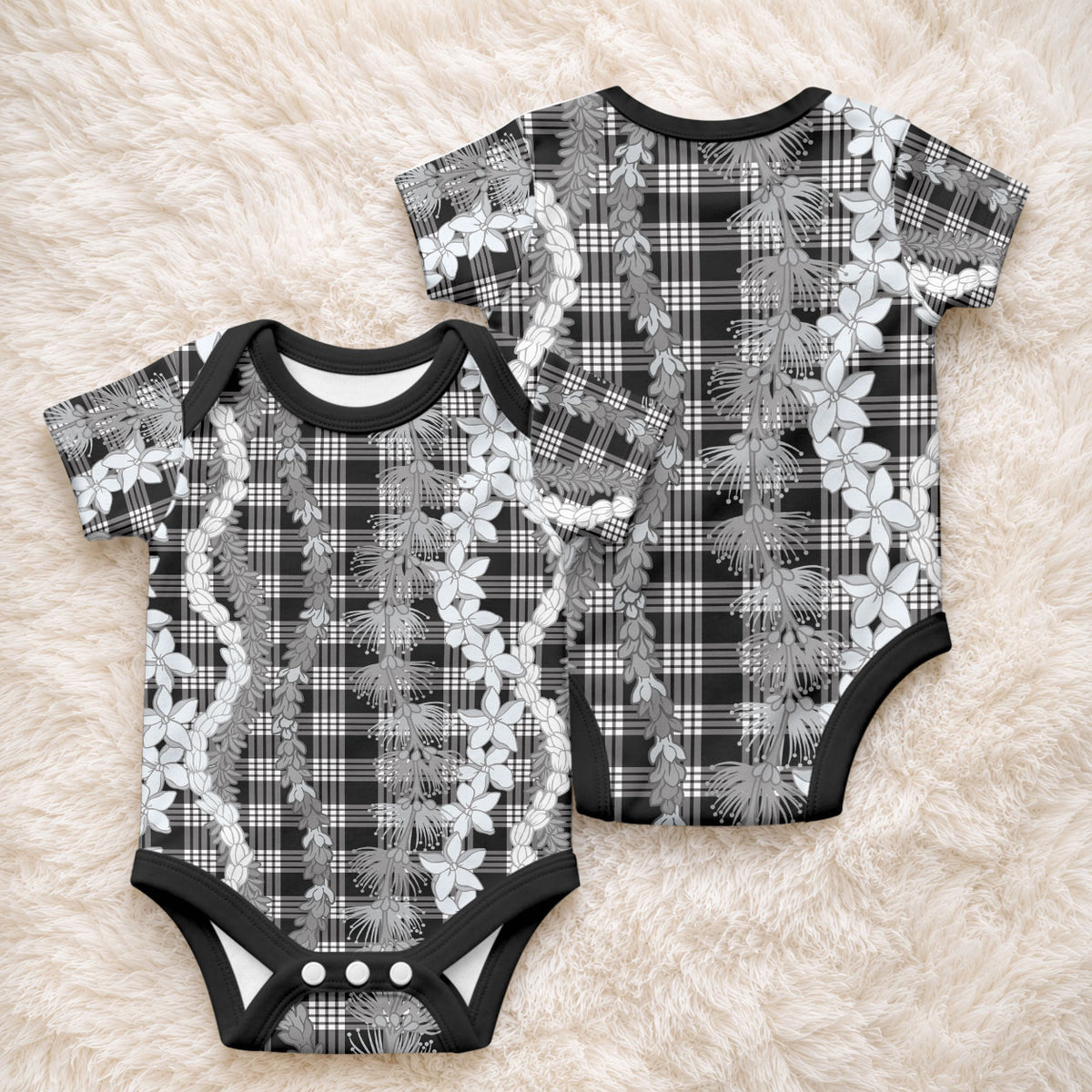 Hawaiian Ohia Lehua Lei Baby Onesie Plaid Palaka Eleele Pattern