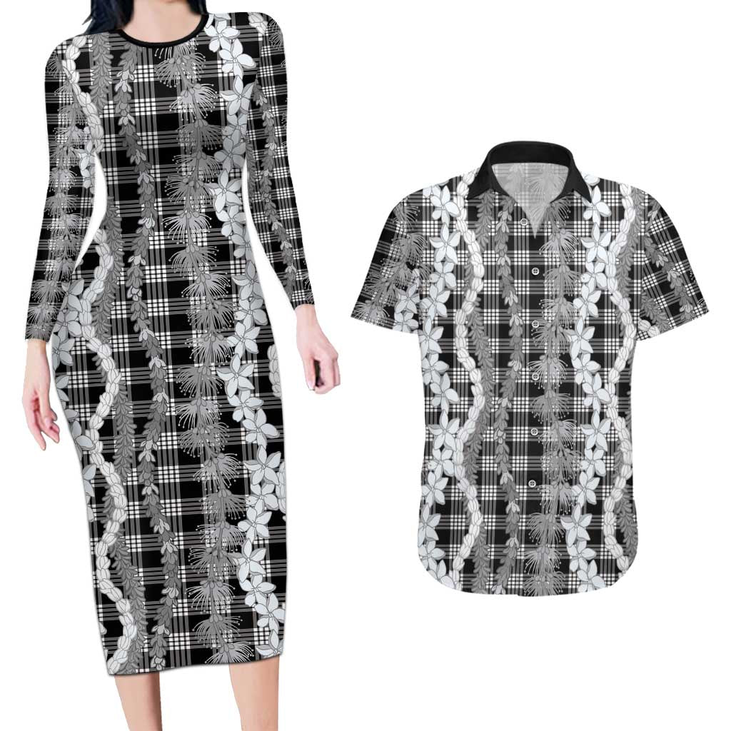 Hawaiian Ohia Lehua Lei Couples Matching Long Sleeve Bodycon Dress and Hawaiian Shirt Plaid Palaka Eleele Pattern LT9 Black - Polynesian Pride