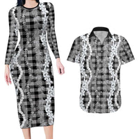 Hawaiian Ohia Lehua Lei Couples Matching Long Sleeve Bodycon Dress and Hawaiian Shirt Plaid Palaka Eleele Pattern LT9 Black - Polynesian Pride