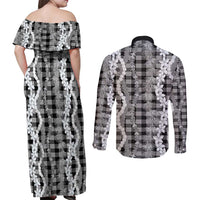 Hawaiian Ohia Lehua Lei Couples Matching Off Shoulder Maxi Dress and Long Sleeve Button Shirt Plaid Palaka Eleele Pattern - Polynesian Pride