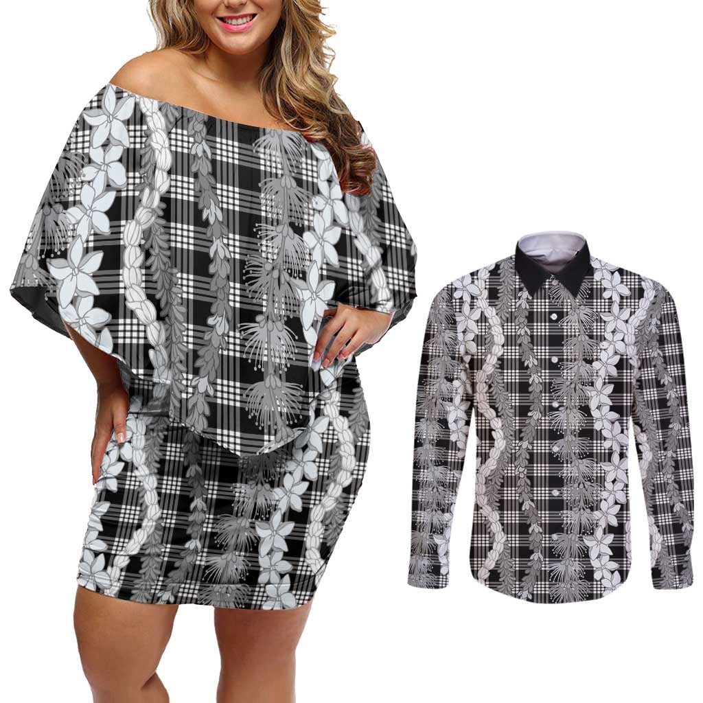 Hawaiian Ohia Lehua Lei Couples Matching Off Shoulder Short Dress and Long Sleeve Button Shirt Plaid Palaka Eleele Pattern LT9 Black - Polynesian Pride