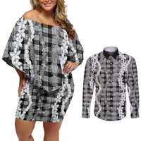 Hawaiian Ohia Lehua Lei Couples Matching Off Shoulder Short Dress and Long Sleeve Button Shirt Plaid Palaka Eleele Pattern LT9 Black - Polynesian Pride