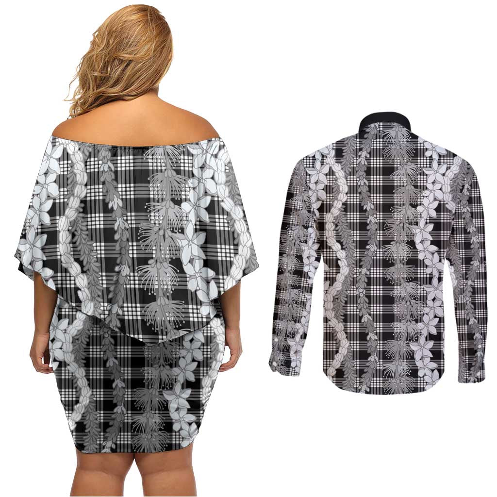 Hawaiian Ohia Lehua Lei Couples Matching Off Shoulder Short Dress and Long Sleeve Button Shirt Plaid Palaka Eleele Pattern LT9 - Polynesian Pride