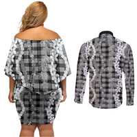 Hawaiian Ohia Lehua Lei Couples Matching Off Shoulder Short Dress and Long Sleeve Button Shirt Plaid Palaka Eleele Pattern LT9 - Polynesian Pride