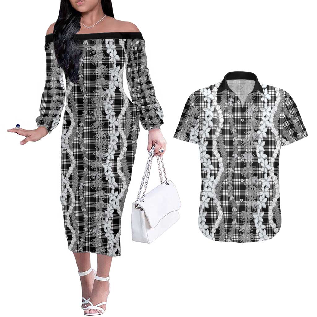 Hawaiian Ohia Lehua Lei Couples Matching Off The Shoulder Long Sleeve Dress and Hawaiian Shirt Plaid Palaka Eleele Pattern - Polynesian Pride