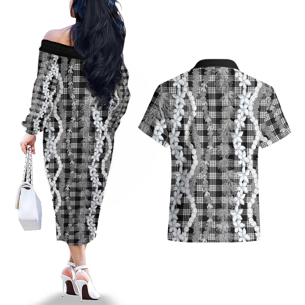 Hawaiian Ohia Lehua Lei Couples Matching Off The Shoulder Long Sleeve Dress and Hawaiian Shirt Plaid Palaka Eleele Pattern LT9 - Polynesian Pride