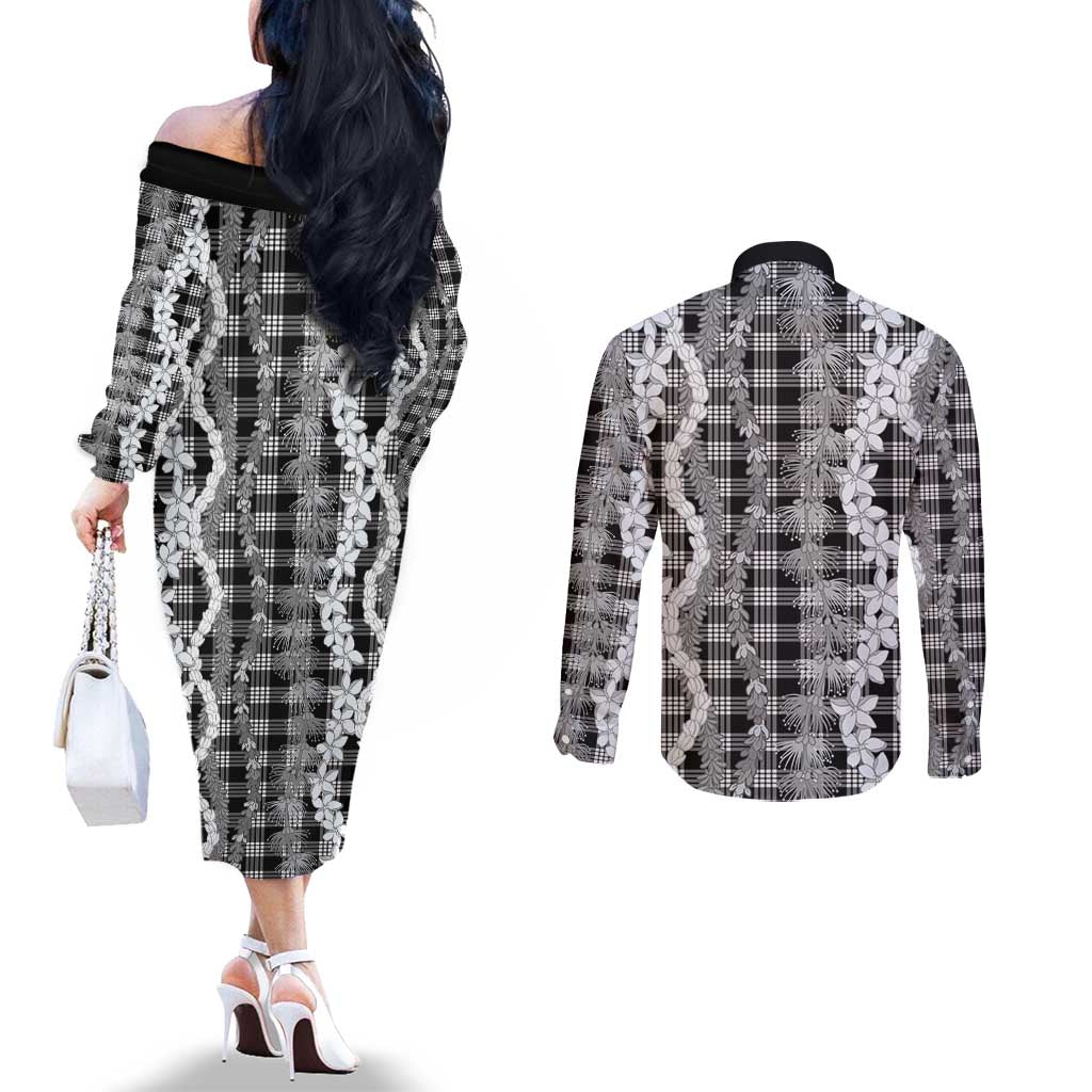Hawaiian Ohia Lehua Lei Couples Matching Off The Shoulder Long Sleeve Dress and Long Sleeve Button Shirt Plaid Palaka Eleele Pattern - Polynesian Pride