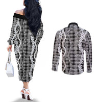 Hawaiian Ohia Lehua Lei Couples Matching Off The Shoulder Long Sleeve Dress and Long Sleeve Button Shirt Plaid Palaka Eleele Pattern - Polynesian Pride
