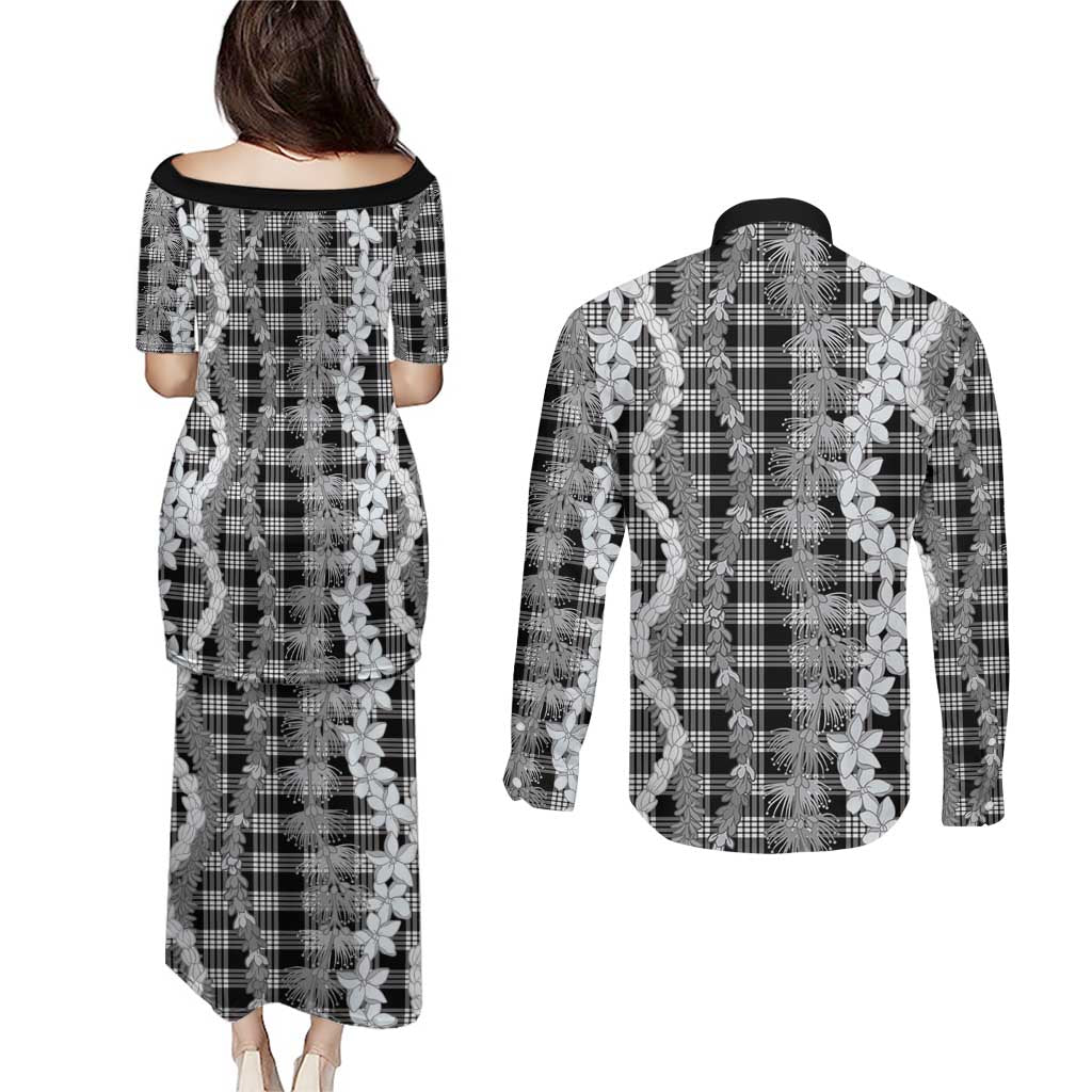 Hawaiian Ohia Lehua Lei Couples Matching Puletasi and Long Sleeve Button Shirt Plaid Palaka Eleele Pattern - Polynesian Pride