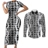 Hawaiian Ohia Lehua Lei Couples Matching Short Sleeve Bodycon Dress and Long Sleeve Button Shirt Plaid Palaka Eleele Pattern - Polynesian Pride