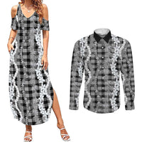 Hawaiian Ohia Lehua Lei Couples Matching Summer Maxi Dress and Long Sleeve Button Shirt Plaid Palaka Eleele Pattern - Polynesian Pride