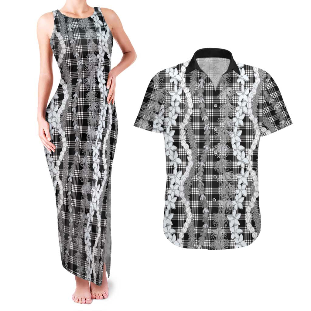 Hawaiian Ohia Lehua Lei Couples Matching Tank Maxi Dress and Hawaiian Shirt Plaid Palaka Eleele Pattern - Polynesian Pride