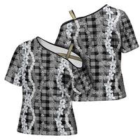 Hawaiian Ohia Lehua Lei Cross Shoulder Shirt Plaid Palaka Eleele Pattern - Polynesian Pride