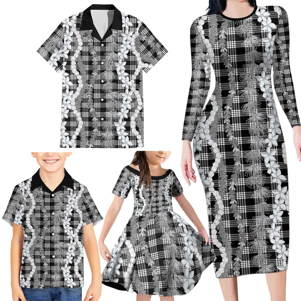 Hawaiian Ohia Lehua Lei Family Matching Long Sleeve Bodycon Dress and Hawaiian Shirt Plaid Palaka Eleele Pattern LT9 - Polynesian Pride