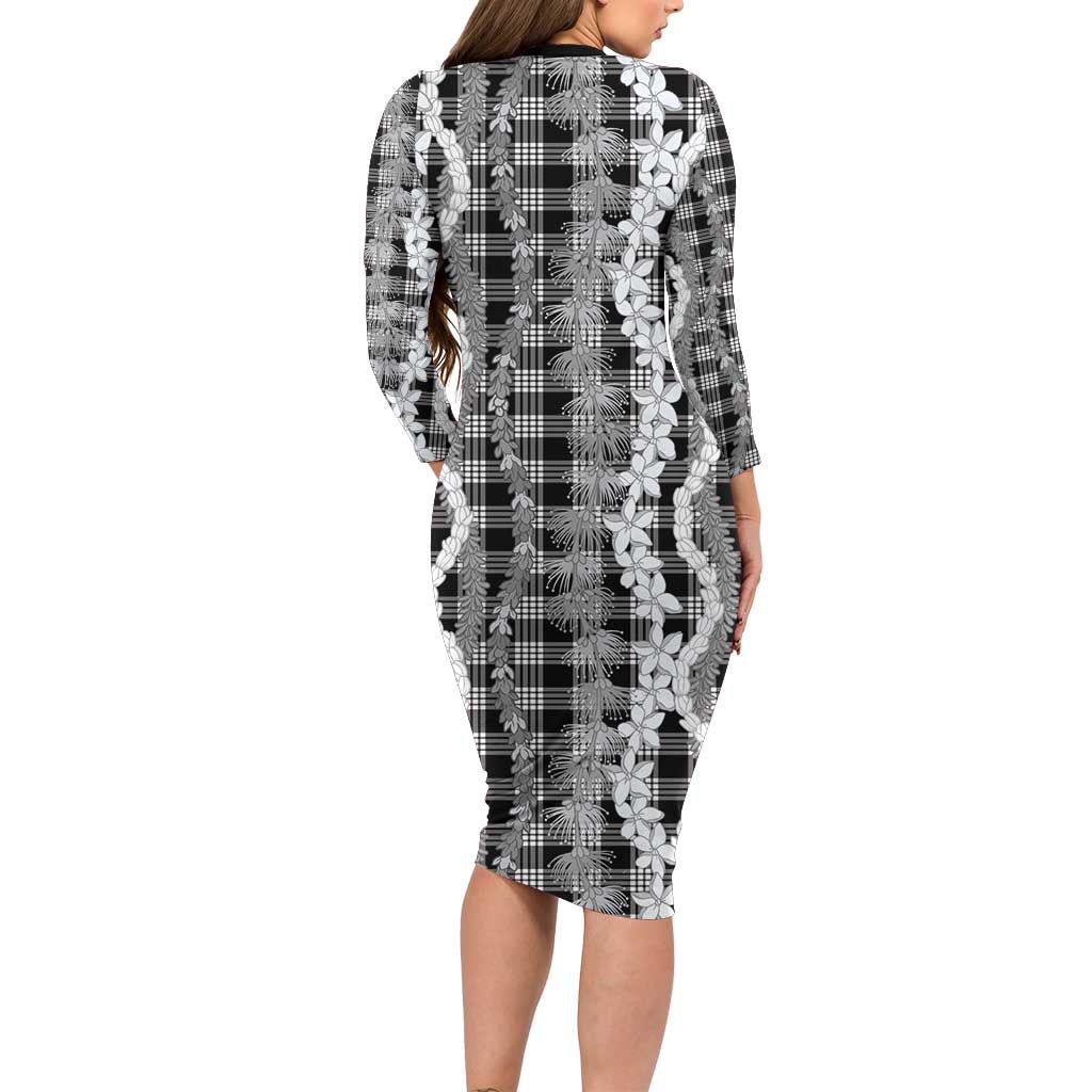 Hawaiian Ohia Lehua Lei Family Matching Long Sleeve Bodycon Dress and Hawaiian Shirt Plaid Palaka Eleele Pattern LT9 - Polynesian Pride