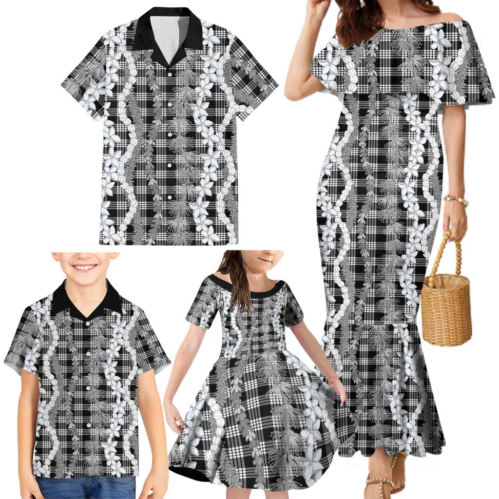Hawaiian Ohia Lehua Lei Family Matching Mermaid Dress and Hawaiian Shirt Plaid Palaka Eleele Pattern LT9 - Polynesian Pride