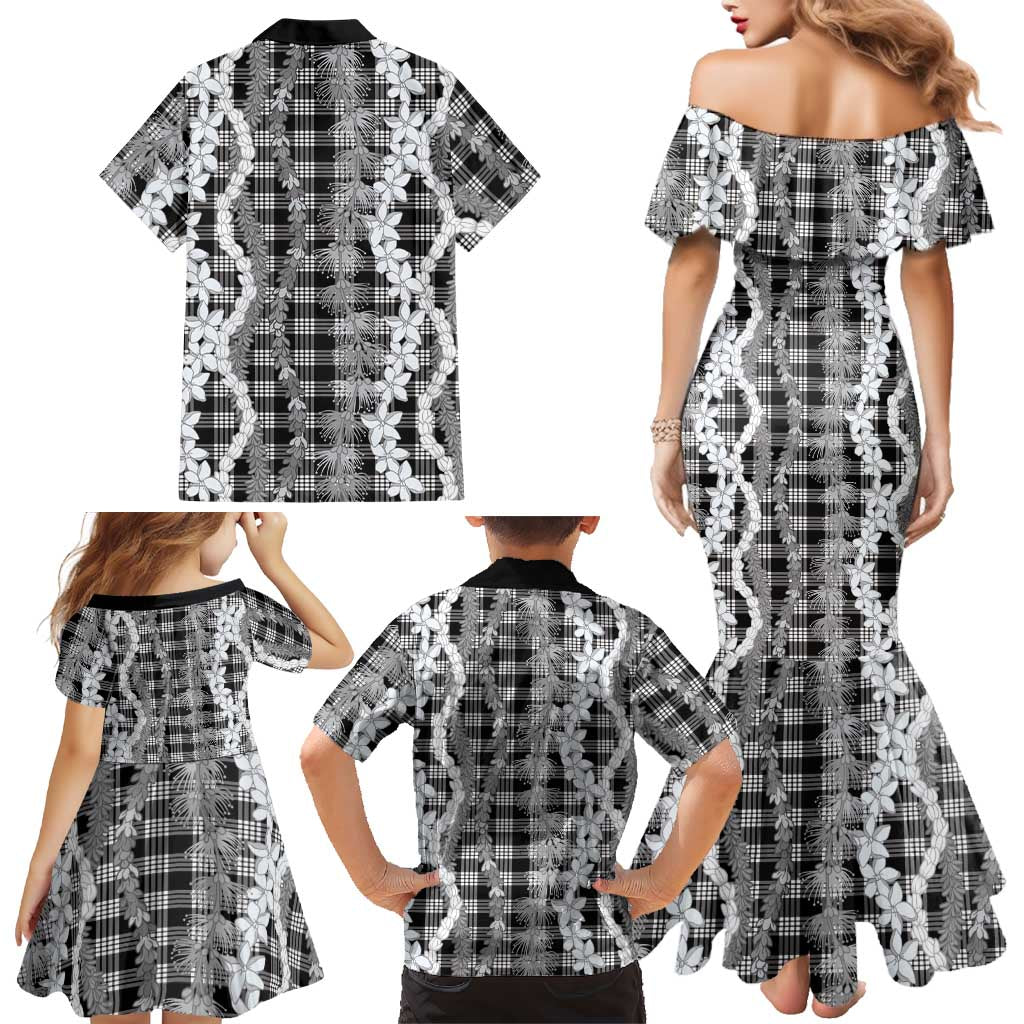 Hawaiian Ohia Lehua Lei Family Matching Mermaid Dress and Hawaiian Shirt Plaid Palaka Eleele Pattern LT9 - Polynesian Pride