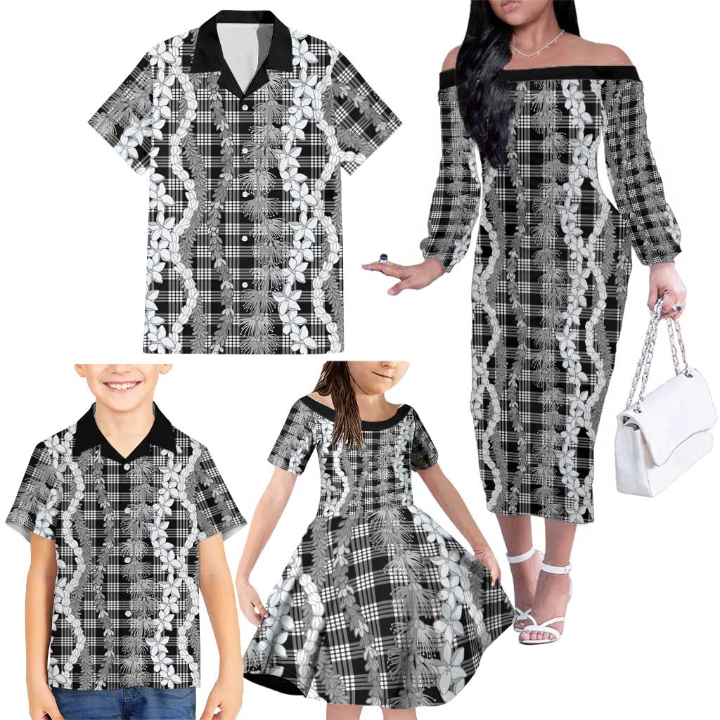 Hawaiian Ohia Lehua Lei Family Matching Off The Shoulder Long Sleeve Dress and Hawaiian Shirt Plaid Palaka Eleele Pattern LT9 - Polynesian Pride