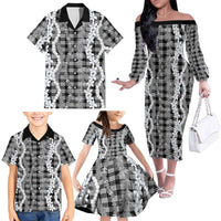 Hawaiian Ohia Lehua Lei Family Matching Off The Shoulder Long Sleeve Dress and Hawaiian Shirt Plaid Palaka Eleele Pattern LT9 - Polynesian Pride