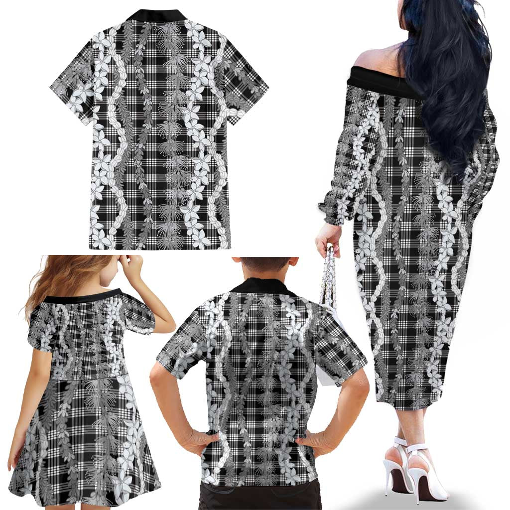 Hawaiian Ohia Lehua Lei Family Matching Off The Shoulder Long Sleeve Dress and Hawaiian Shirt Plaid Palaka Eleele Pattern LT9 - Polynesian Pride