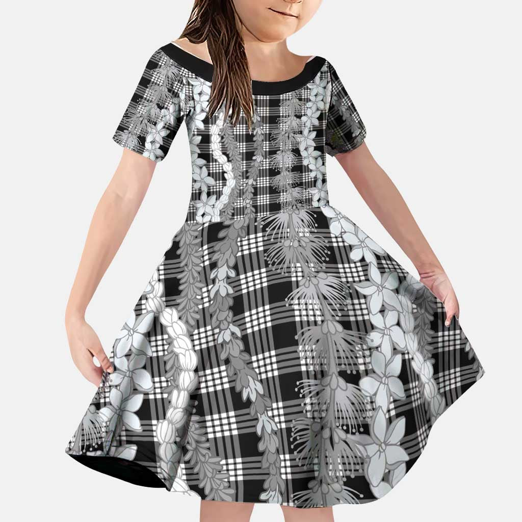 Hawaiian Ohia Lehua Lei Family Matching Off Shoulder Maxi Dress and Hawaiian Shirt Plaid Palaka Eleele Pattern LT9 Daughter's Dress Black - Polynesian Pride