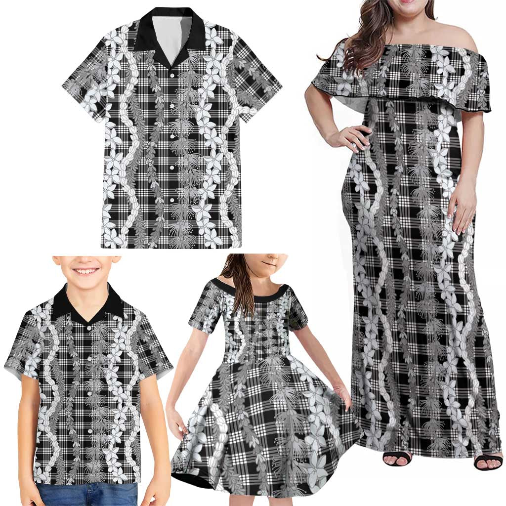 Hawaiian Ohia Lehua Lei Family Matching Off Shoulder Maxi Dress and Hawaiian Shirt Plaid Palaka Eleele Pattern LT9 - Polynesian Pride