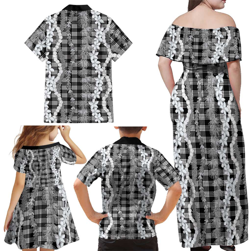 Hawaiian Ohia Lehua Lei Family Matching Off Shoulder Maxi Dress and Hawaiian Shirt Plaid Palaka Eleele Pattern LT9 - Polynesian Pride