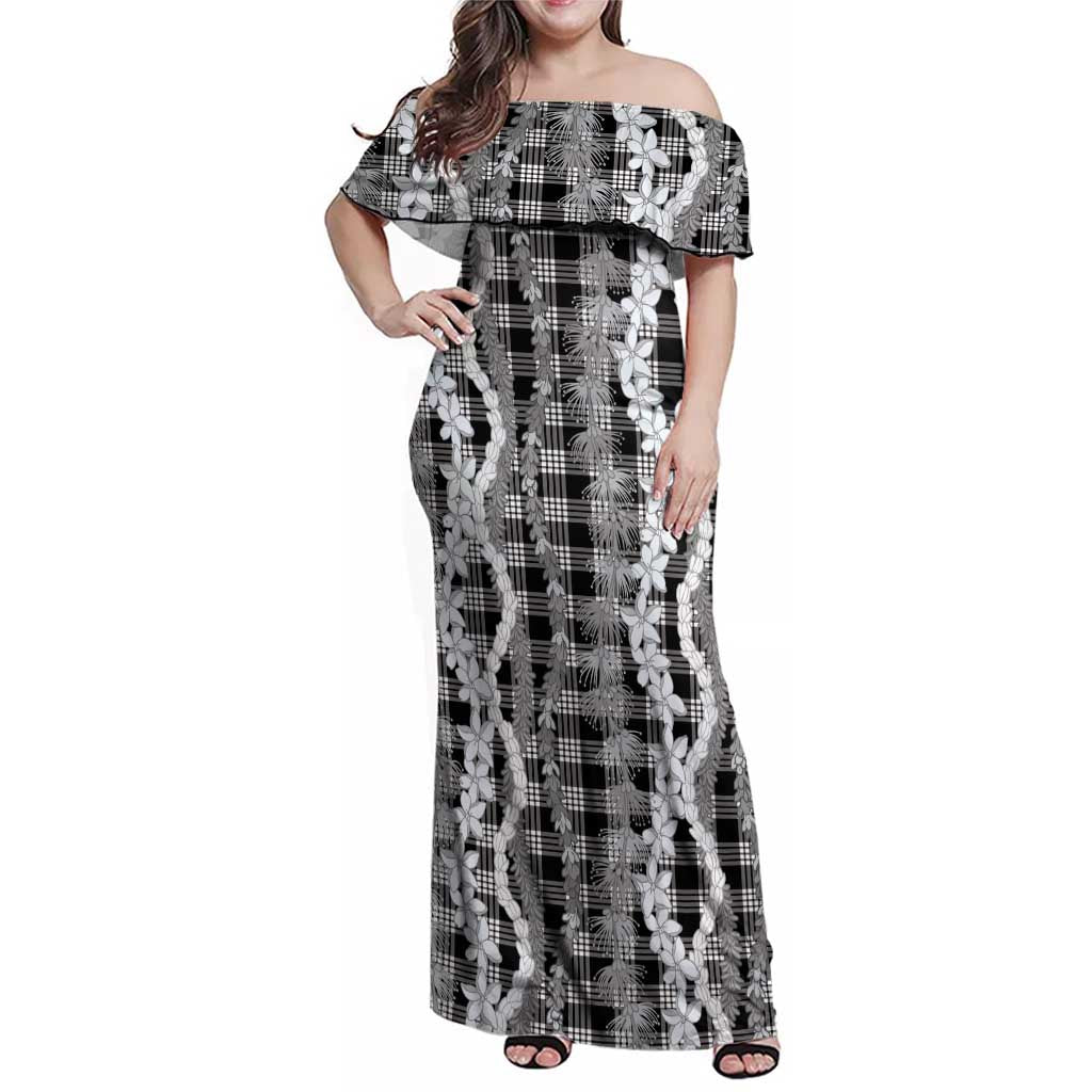 Hawaiian Ohia Lehua Lei Family Matching Off Shoulder Maxi Dress and Hawaiian Shirt Plaid Palaka Eleele Pattern LT9 Black - Polynesian Pride