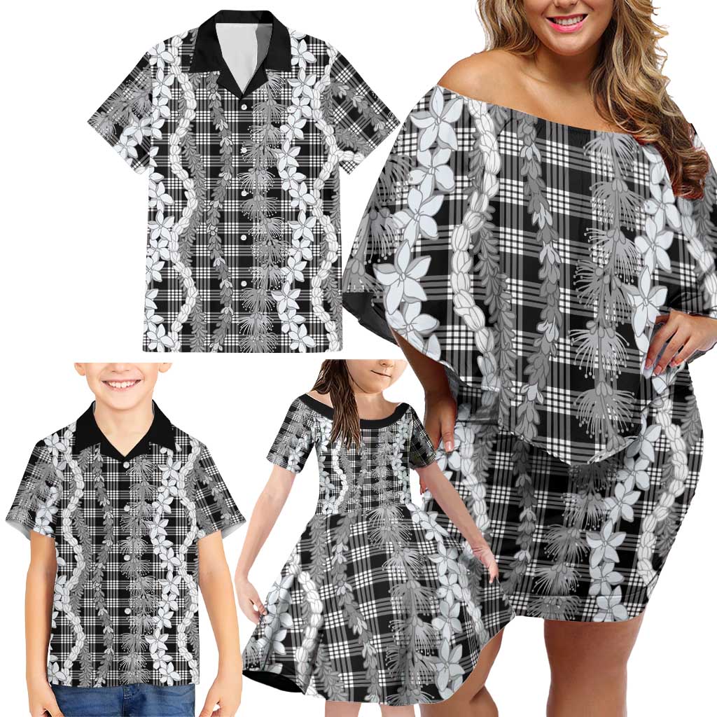 Hawaiian Ohia Lehua Lei Family Matching Off Shoulder Short Dress and Hawaiian Shirt Plaid Palaka Eleele Pattern LT9 - Polynesian Pride