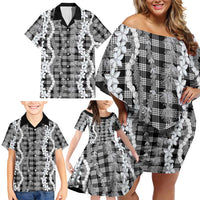Hawaiian Ohia Lehua Lei Family Matching Off Shoulder Short Dress and Hawaiian Shirt Plaid Palaka Eleele Pattern LT9 - Polynesian Pride