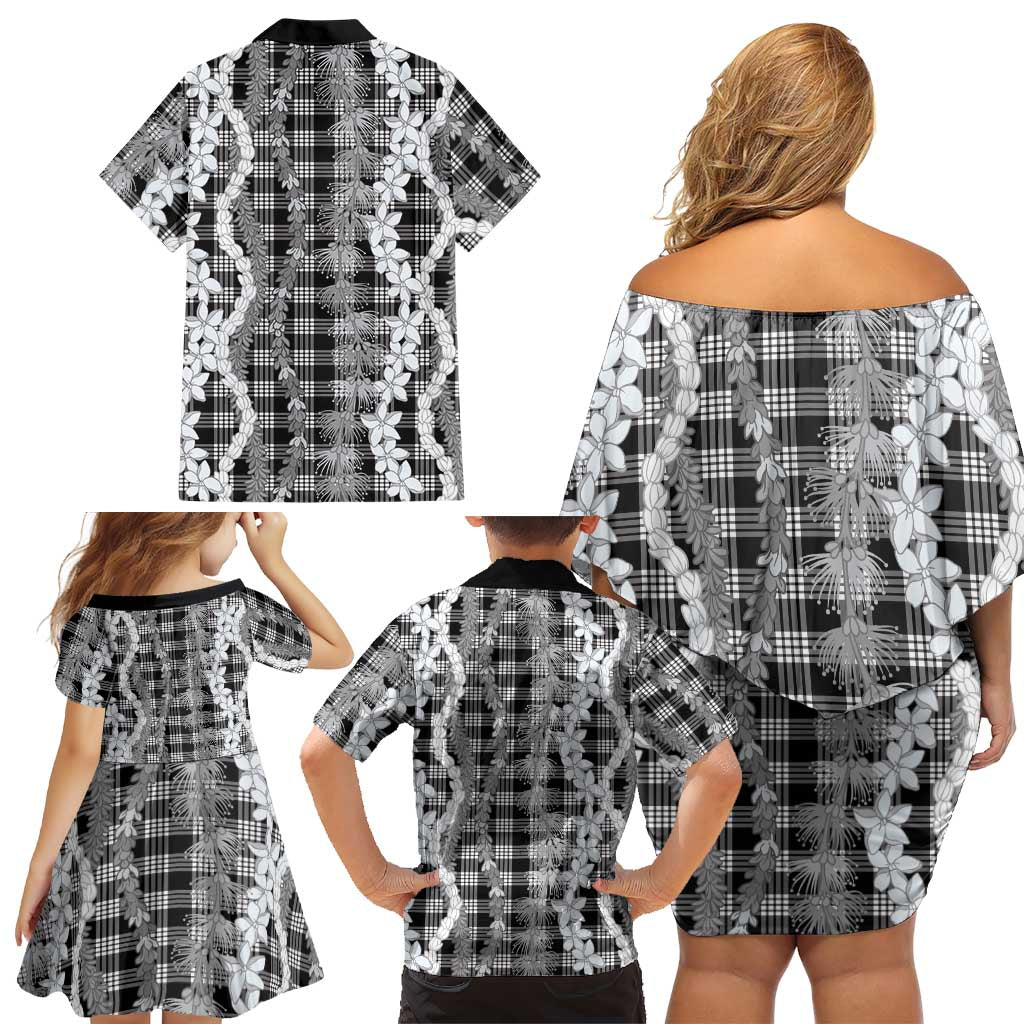Hawaiian Ohia Lehua Lei Family Matching Off Shoulder Short Dress and Hawaiian Shirt Plaid Palaka Eleele Pattern LT9 - Polynesian Pride