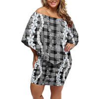Hawaiian Ohia Lehua Lei Family Matching Off Shoulder Short Dress and Hawaiian Shirt Plaid Palaka Eleele Pattern LT9 Black - Polynesian Pride