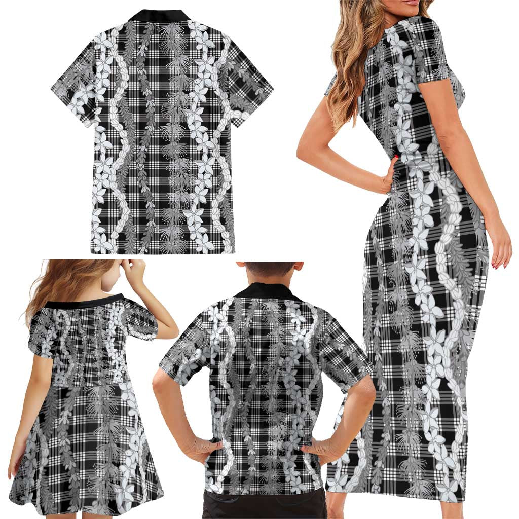 Hawaiian Ohia Lehua Lei Family Matching Short Sleeve Bodycon Dress and Hawaiian Shirt Plaid Palaka Eleele Pattern LT9 - Polynesian Pride