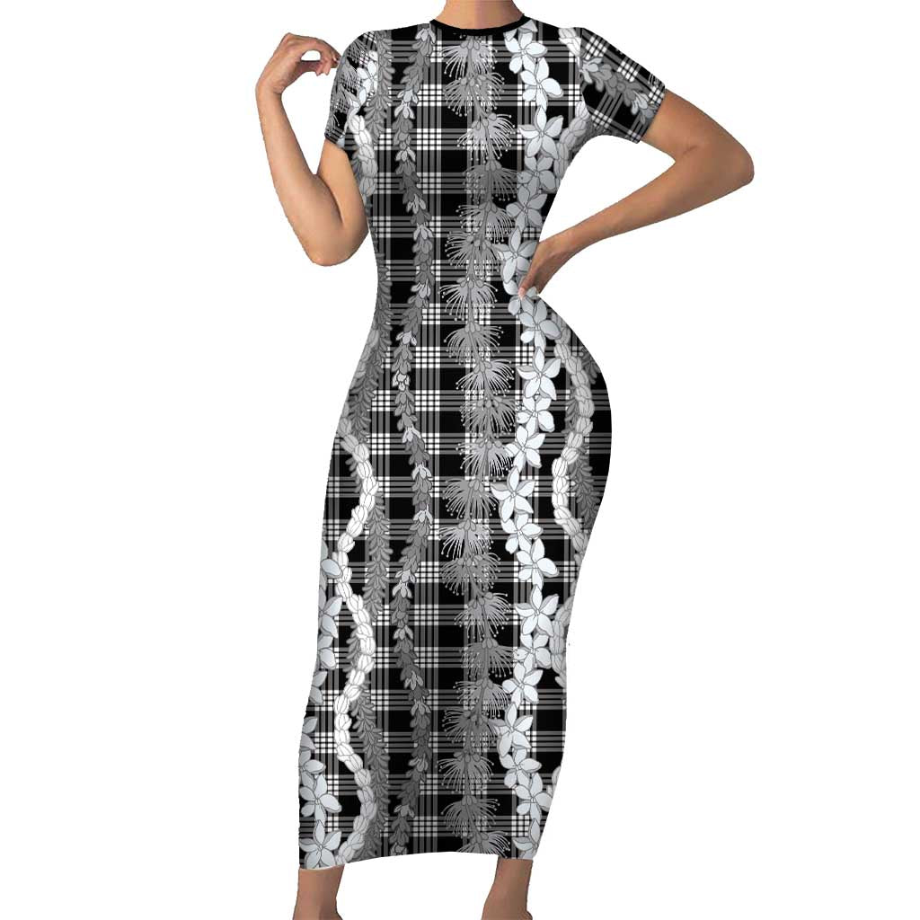Hawaiian Ohia Lehua Lei Family Matching Short Sleeve Bodycon Dress and Hawaiian Shirt Plaid Palaka Eleele Pattern LT9 Black - Polynesian Pride