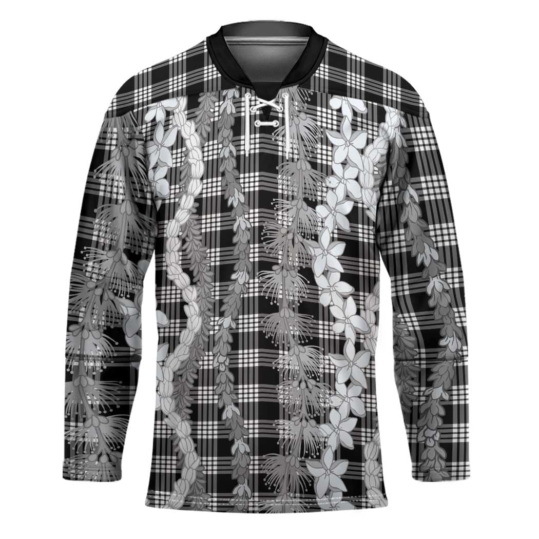 Hawaiian Ohia Lehua Lei Hockey Jersey Plaid Palaka Eleele Pattern LT9 Unisex Black - Polynesian Pride