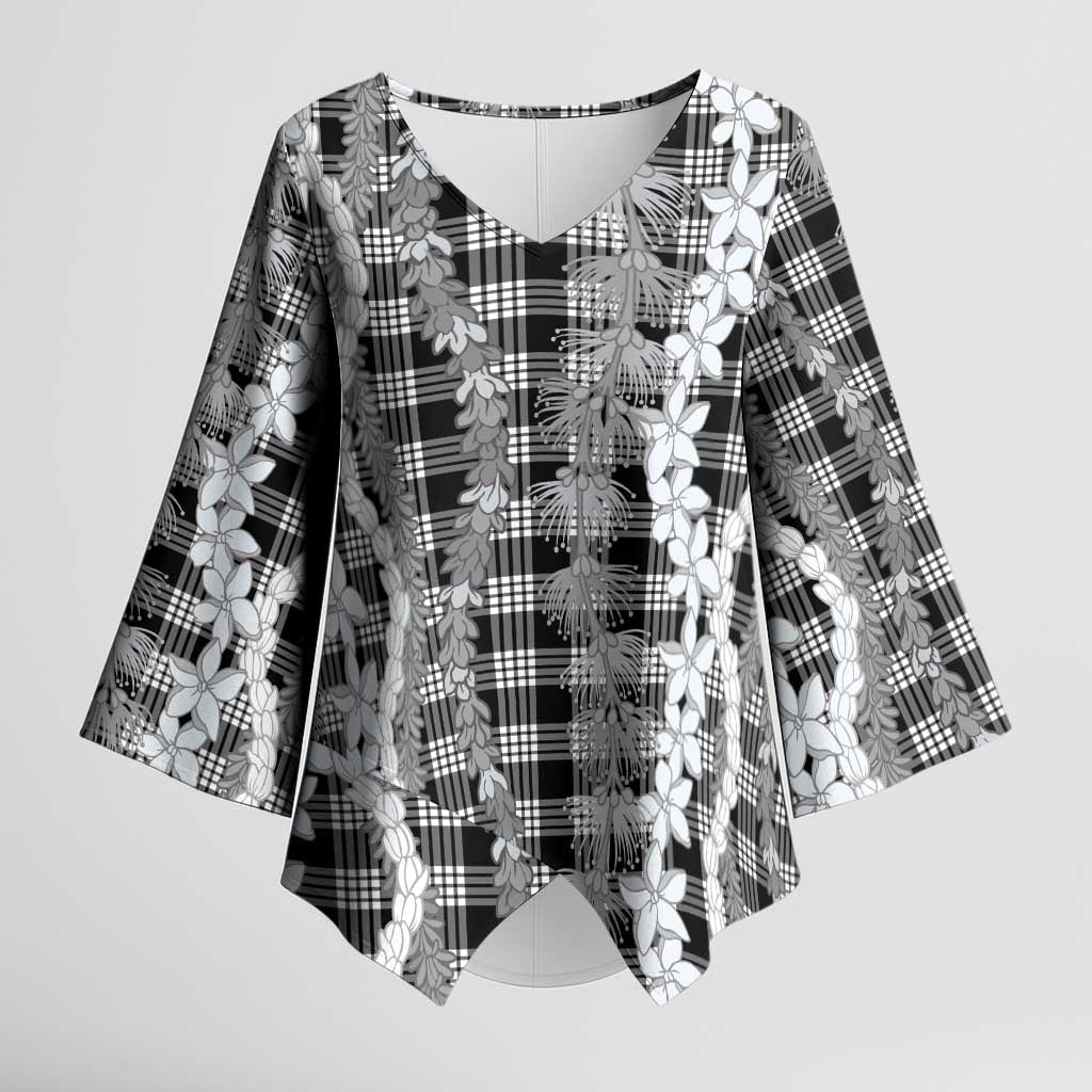 Hawaiian Ohia Lehua Lei Kimono Sleeve Blouse Plaid Palaka Eleele Pattern LT9 Female Black - Polynesian Pride