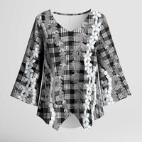 Hawaiian Ohia Lehua Lei Kimono Sleeve Blouse Plaid Palaka Eleele Pattern LT9 Female Black - Polynesian Pride