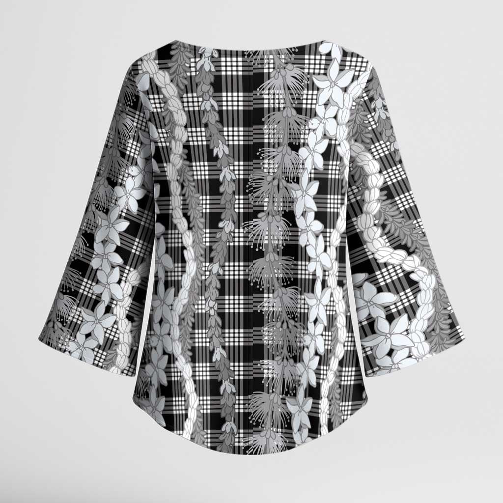 Hawaiian Ohia Lehua Lei Kimono Sleeve Blouse Plaid Palaka Eleele Pattern LT9 - Polynesian Pride