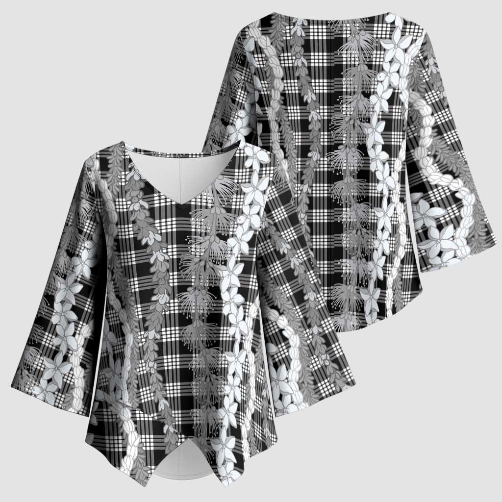 Hawaiian Ohia Lehua Lei Kimono Sleeve Blouse Plaid Palaka Eleele Pattern LT9 - Polynesian Pride