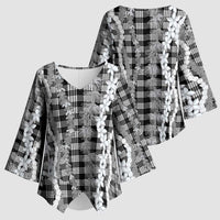 Hawaiian Ohia Lehua Lei Kimono Sleeve Blouse Plaid Palaka Eleele Pattern LT9 - Polynesian Pride