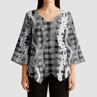 Hawaiian Ohia Lehua Lei Kimono Sleeve Blouse Plaid Palaka Eleele Pattern LT9 - Polynesian Pride