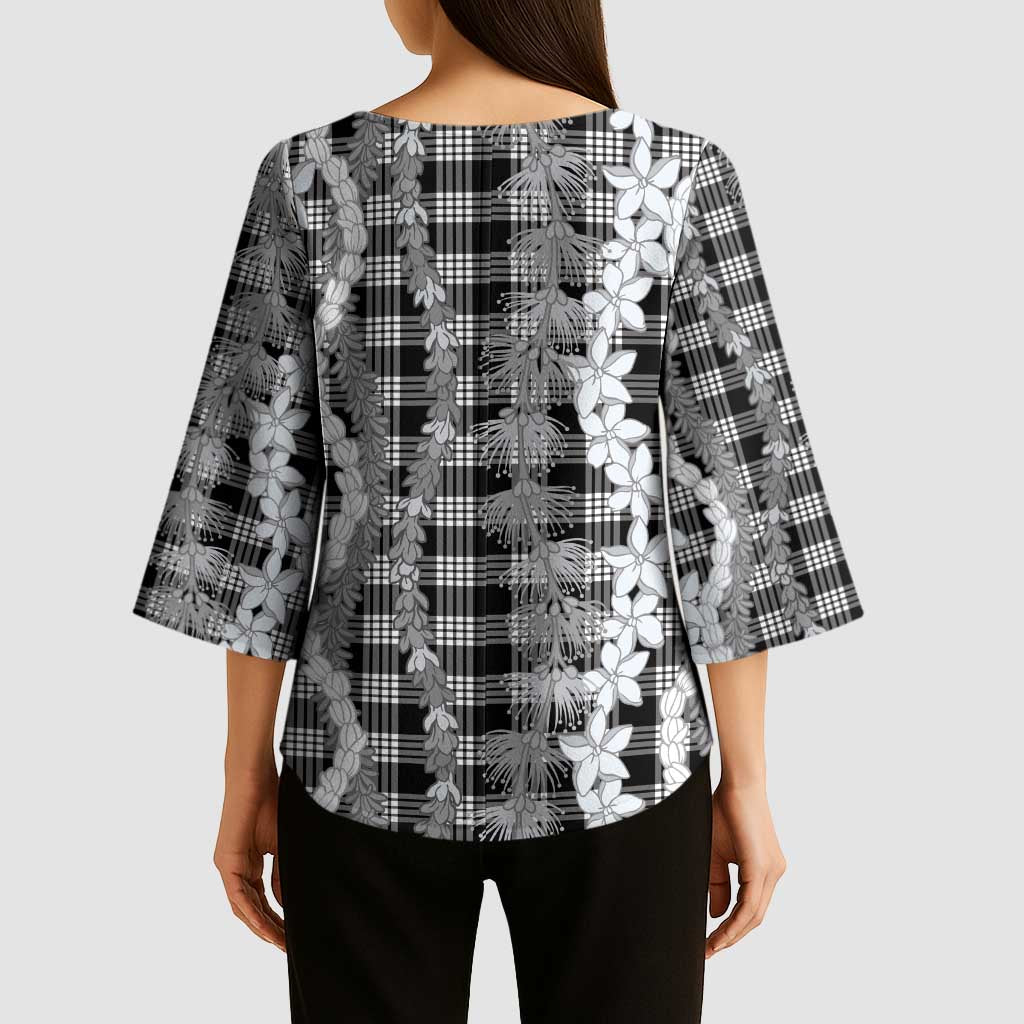 Hawaiian Ohia Lehua Lei Kimono Sleeve Blouse Plaid Palaka Eleele Pattern LT9 - Polynesian Pride