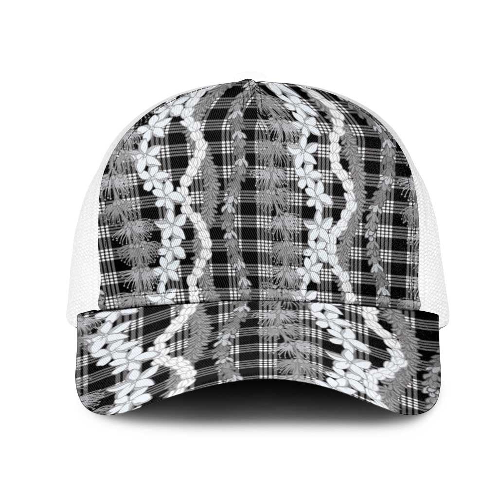 Hawaiian Ohia Lehua Lei Mesh Trucker Cap Plaid Palaka Eleele Pattern - Polynesian Pride