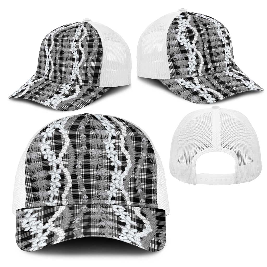 Hawaiian Ohia Lehua Lei Mesh Trucker Cap Plaid Palaka Eleele Pattern - Polynesian Pride