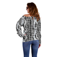 Hawaiian Ohia Lehua Lei Off Shoulder Sweater Plaid Palaka Eleele Pattern - Polynesian Pride